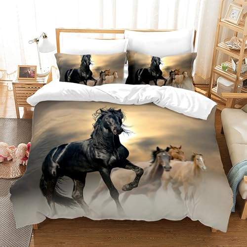 KAIDAARTLH Horse Set de Linge de lit 200x200cm, Housse de Couette en Microfibre avec Fermeture éclair avec Impression Cheval, avec 1 Housse de Couette et 2 taies d'oreiller (Horse-2, Doppio-200x200)
