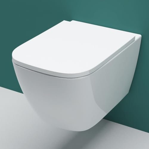 SKY Bathroom Square Rimless Ceramic Wall Hung Toilet Modern Pan + Soft Close Seat WC