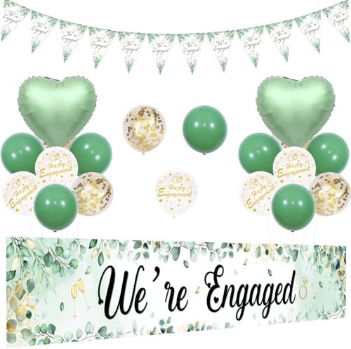 Funmemoir Förlovningsfestdekorationer salvia grön, We are Engagaged banner triangel flagga banderoll, gröna vita guldballonger, hjärtfolieballong för glad förlovning fest bröllop