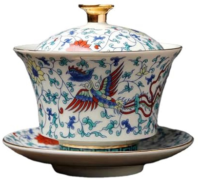 fanquare Gaiwan Cinese Ciotola da Tè Tradizionale Cinese Sancai in Porcellana Fenice con Coperchio Set di Coperchi per Tazze da Tè Vintage 200ML