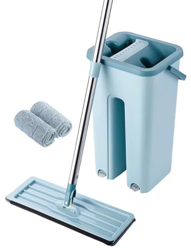 Mopa para Limpiar Azulejos y Paredes Mopa Fregona con Cubo Escurridor Mopa Fregona Mopa Suelo Mopa Cubo Escurridor 360 Dos Compartimentos Mop Bucket Set 2 Almohadillas Gamuzas Reutilizables (Verde)