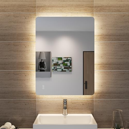 SONNI LED-badrumsspegel, ljusspegel, LED-spegel, väggspegel med touch-knapp, badrumsspegel med belysning, 80 x 60 cm, 3 justerbara ljusfärger och imskydd