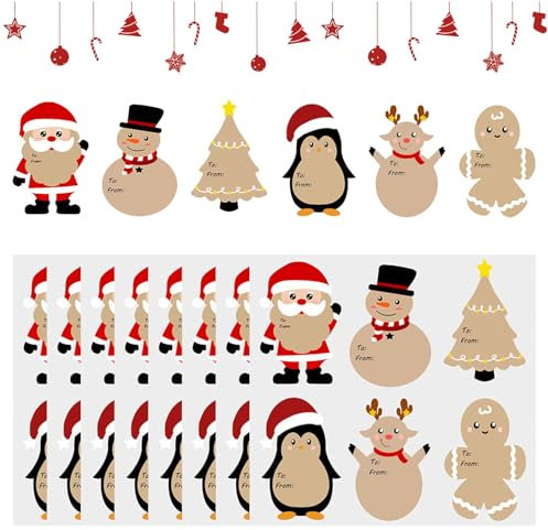 Yaclonq 84 Stück Weihnachten Etiketten,Aufkleber Weihnachten Kraftpapier Weihnachtsaufkleber, Selbstklebende Geschenketiketten in 6 Stilen für Weihnachtsgeschenkverpackung und Weihnachtsdekoration