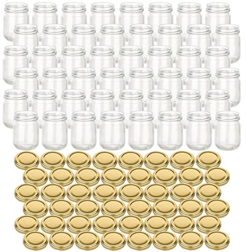 gouveo Lot de 50 bocaux de conservation 125 ml Helix avec couvercles à vis dorés - Petits bocaux de conservation avec bouchon à vis TO53 - Pots à visser pour confiture, miel, fait maison (HEG125G)