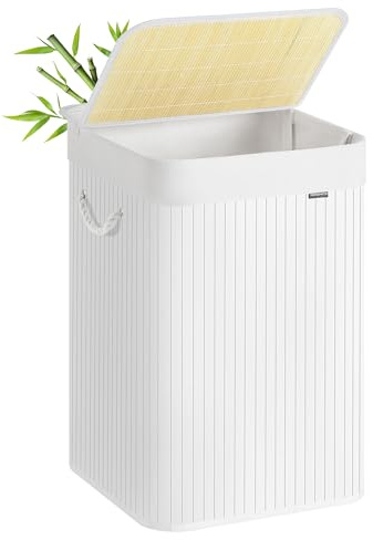 SONGMICS 95 L Laundry Basket, Dirty Laundry Basket, Lid, Bamboo, Handles, Foldable, Removable Machine Washable Bag, for Laundry Room, Bedroom, White LCB060W01
