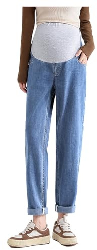 Jeans de maternidad estilo papá con cinturón ajustable – Pantalones adelgazantes de talla corta, bolsillos y comodidad para look casual en el embarazo, turquesa, XL