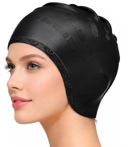 Bonnet de Bain Protection Oreille 3D, Bonnets de Bain pour Femmes et Hommes Bonnet de Natation Silicone Etanche Natation pour Cheveux Courts/Longs Bonnet pour Adultes et Jeunes(Noir)