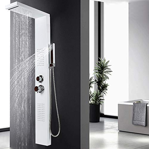 Duschpelare i rostfritt stål, 4-funktionsduschpanel i rostfritt stål med dusch, vattenfall, regndusch och massageduschar, 15 x 47 x 130 cm, vit