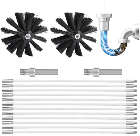 LYPPUL 16 PCS Kaminbürste Stange Set, Ofenrohrbürste Durchmesser 100mm, Schornsteinfeger Bürste mit 12 Flexible Stangen 410mm und 2 Bürstenkopf, Kaminrohr Reinigungsbürste für Kamin, Rohre, Trockner