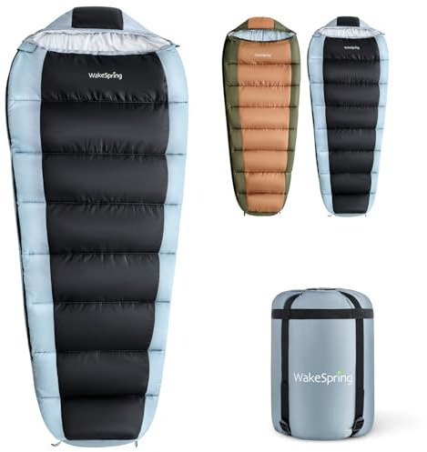 WakeSpring Sacco a Pelo Mummia per Campeggio e Clima Freddo, Imbottitura 450 GSM in Fibra Cava, Rivestimento Idrorepellente e Antivento, Sacco a Pelo 3 Stagioni con Cappuccio Regolabile per Trekking