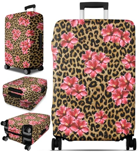 Slohif Luggage Cover for Suitcase Tsa Approved Protector - Brown Leopard Pink Flower Luggage Sleeve Medium Suit Case Cover Travel Stretch Baggage Case Protective Washable Fit 24-27 Inch