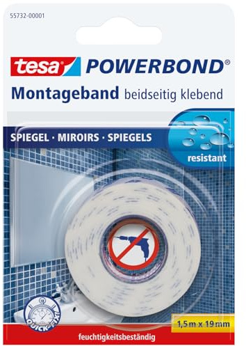 tesa Powerbond MIRROR – dubbelsidig monteringstejp för fixering av speglar – fuktbeständig tejp för badrum och dusch – 1,5 m x 19 mm