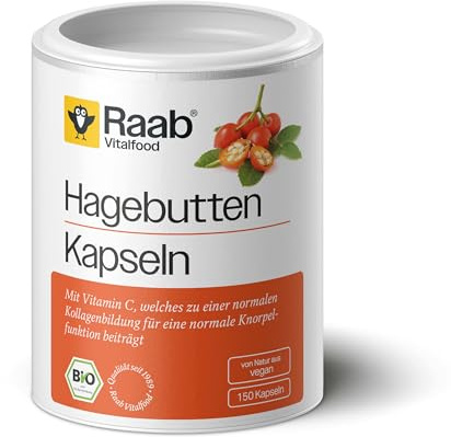 Raab Vitalfood® Bio Hagebutten Kapseln (150 Stück) - Premium-Sorte AP-4® Hagebutte aus dem Süden von Chile, mit natürlichem Vitamin C für eine normale Kollagenbildung & Knorpelfunktion, ohne Zusätze