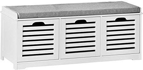SoBuy Shoe Storage Bench Shoe Cabinet with Seat Cushion – 3 Drawers for Hallway Organiser, White, Wooden Storage Unit, 120kg Load – FSR23-W