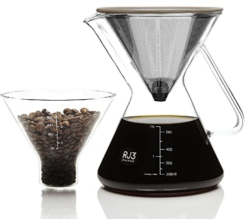 ovalware Pour Over Kaffeebereiter-Set | 0,5 l Borosilikat-Karaffe mit 304 Edelstahl-Filter und Präzisionsmessbecher | Glas-Kaffeetropfer für Heimbrauen