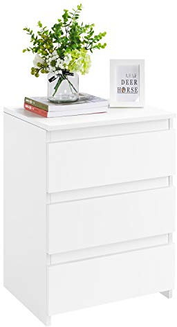 Yaheetech Comodino Camera da Letto Bianco Comodino con 3 Cassetti Bianco Mobiletto Moderno Tavolino Elegante Cassettiera in Legno MDF per Soggiorno Mobile da Letto Portalampada