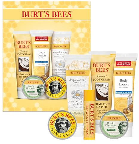 Burt's Bees Mothers Day Gifts Ideas - Timeless Minis Set, 6 Products - Beeswax Lip Balm, Coconut Foot Cream, Honey Body Lotion, Deep Cleansing Cream, Res-Q Ointment & Hand Salve