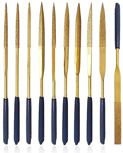 Mesee 10 Pieces Titanium Coated Diamond File Set, 3x140mm Mini Needle Files Tools with Soft Rubber Handles Assorted Shapes Riffler Files for Metal Glass Ceramic Jewelry Filing Carving
