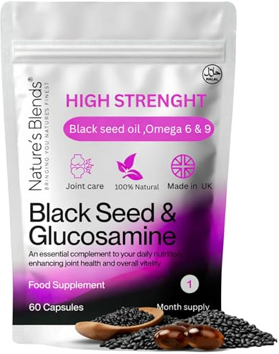 Nature’s Blends Black Seed Oil Capsules 500mg - Cold Pressed Nigella Sativa Capsules with Glucosamine – High Strength Omega 6 & 9 for Immune Support, Hair & Joint Health – 60 Softgels