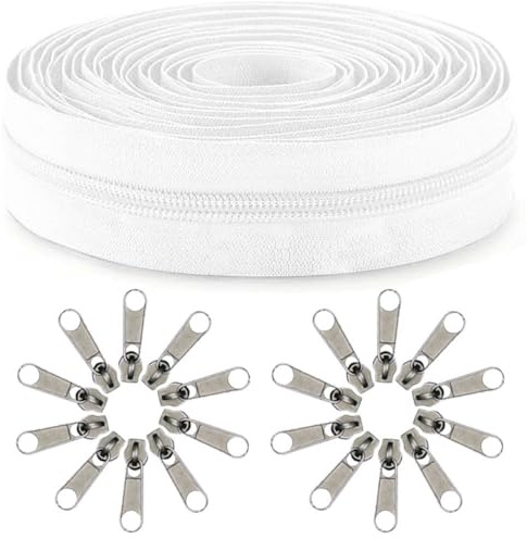 Amykite Oändlig dragkedja vit med dragkedja av nylon 9 m + 20 reglage av metall, #10 grodddragkedja – bredd 42 mm, dragkedja tandbredd 10 mm, lämplig för väskor, kläder, sängkläder etc.