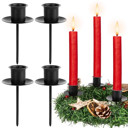 BOFUNX 4pcs Portavelas para Corona de Adviento Candelabros Velas Decoración Navidad Platos para Velas con Pincho Portavelas Metal Negro