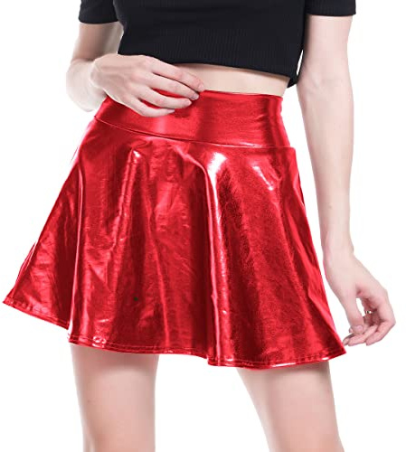 AGYMNX Femmes Métallisée Shiny Plissée Jupe Plissée Taille Elastique Courte A-Ligne Mini Jupe Costume Festival de Musique Y2K Party Rouge S