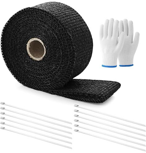 TNSLAND 5M Hitzeschutzband Auspuff Auspuffband Hitzeschutz Auspuff Band Motorrad mit 12pcs Edelstahl Kabelbinder und 1 Paar Handschuhe Auspuff Dichtband für Motorrad Auto Fächerkrümmer Auspuffanlagen