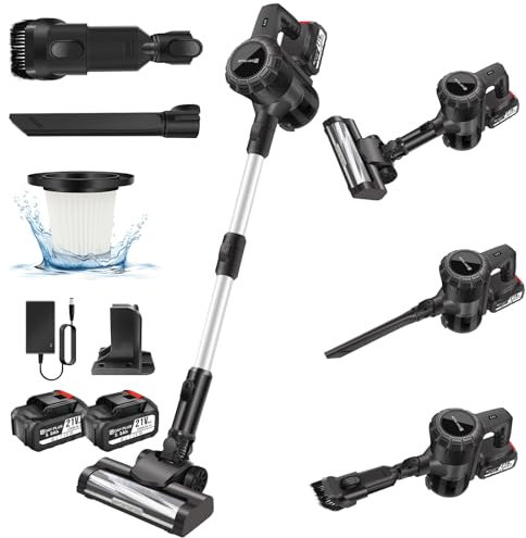 HSHa Cordless Vacuum Cleaner, 140W Cordless Stick Vacuum Cleaner with LED Light, 2Pcs 3000mAh Batteries Self-Standing Vacuum, 15KPA Handheld Vacuum Cleaners for Home/Pet Hair/Carpets/Hard Floors