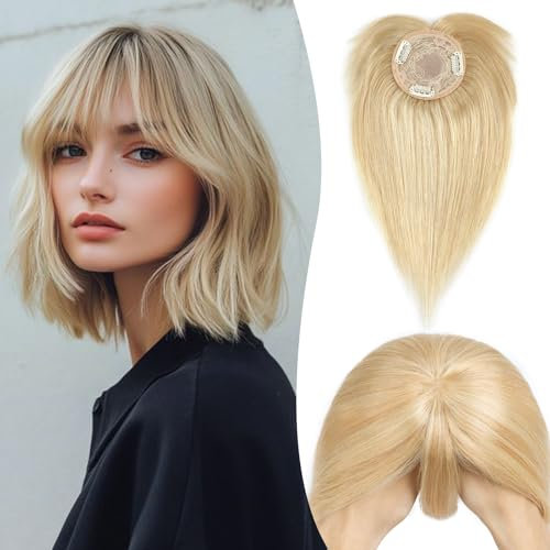 S-noilite Haar Topper für Frauen Echthaar mit Pony - Mono Basis Toupet Haarteil für Dünnes Haar 35cm - 38g #18/613 Light Aschblond/Weißblond)
