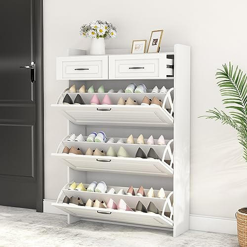 HZANHY Shoe Cabinet with 3 Large Flip Drawers & 2 Storage Drawers, Narrow Shoe Organizer Cabinet Fits for Kinds of Shoes, Slim Shoe Storage Cabinet for Entryway, Hallway