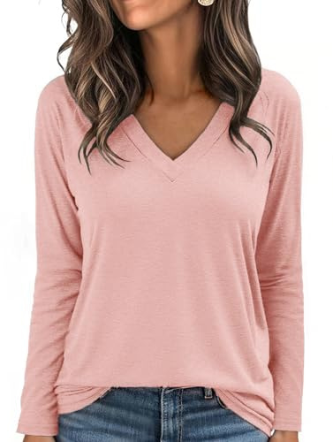 Aottori Tee Shirt Femme Col V Manches Longues Basique Couleur Unie Rose XL