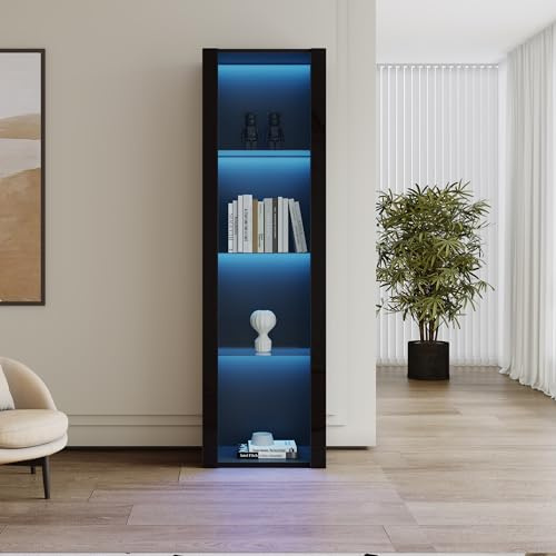 Merax Vitrina blanca brillante con iluminación LED, vitrina de cristal de pie con 3 estantes de cristal, armarios altos, armarios de almacenamiento, para sala de estar/dormitorio, negro, 55 x 38 x 166