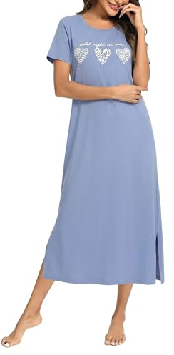 Jahetuul Chemise de Nuit Femme Manches Courtes Col Rond Imprimé Cœur | Manches courtes, col rond, fentes latérales, imprimé cœur pour dormir et se détendre confortablement à la maison.