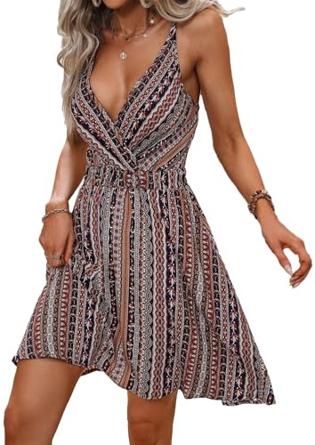 JENJON Mujer Casual Vestidos Sin Manga Cuello en V Elegante Cintura Alta Vestido Corto Línea A