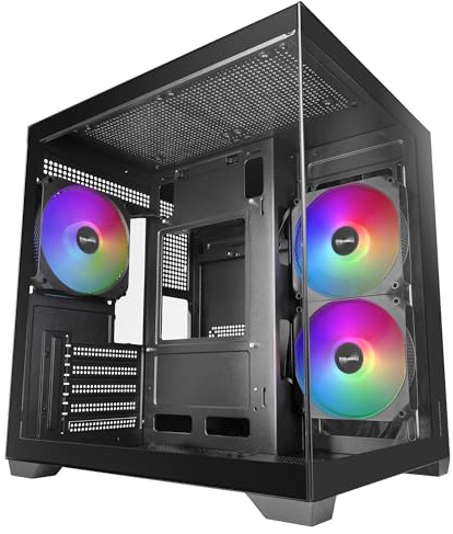 Mars Gaming MC-VIEW3, Case PC MicroATX, Vetro Temperato Panoramico, 3x Ventole ARGB 120mm, Doppia Camera, Supporto Raffreddamenti Liquidi fino a 240mm, Mini-tower Compatto con USB-C, Nero