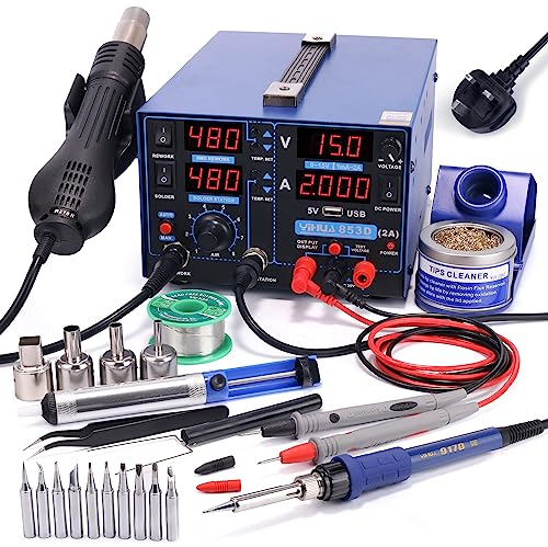 YIHUA 853D 2A USB SMD Hot Air Rework Station Soldering Station, 0-15V DC Power Supply 3 in 1 Station with 5V USB Charging Port and 35V DC Voltmeter for Cellphone and Electronic Rework Repair(UK Plug)