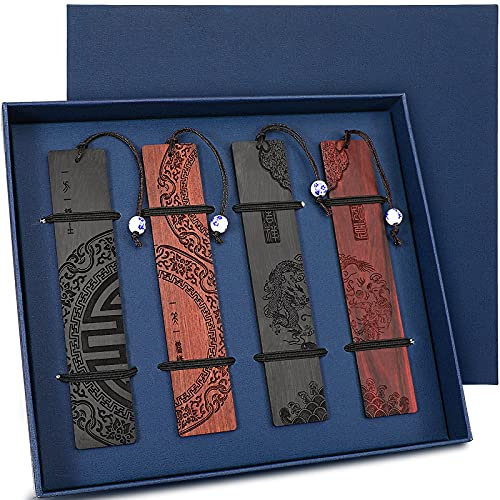 Outus 4 Pieces Wooden Bookmarks for Men Women Employee Father's Day Appreciation Gifts for Men Vintage Handmade Bookmarks Natural Wood Carving for Book Lovers Birthday(Traditional Style)