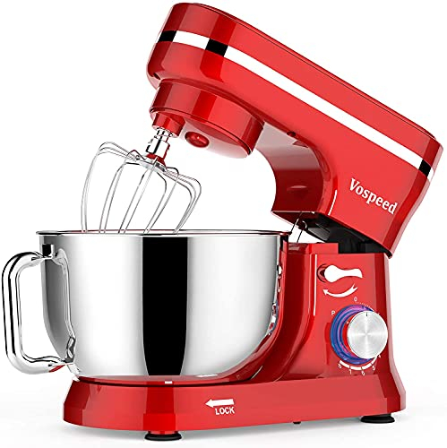 Impastatrice Planetaria, Vospeed 1000W 5QT Robot da Cucina con Frusta, Gancio per Impastare, Frusta per Dolci, Ciotola di Acciaio Inossidabile, Coperchio Paraspruzzi (Rosso)