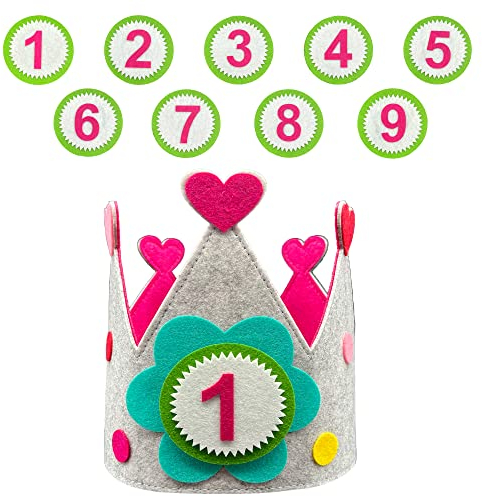 Ph Pro Heat Corona Compleanno Bambino con Numeri Intercambiabili da 1 a 9 - Coroncina Bambina - Corona di Primo Compleanno Regalo Originale. Cuore Rosa.