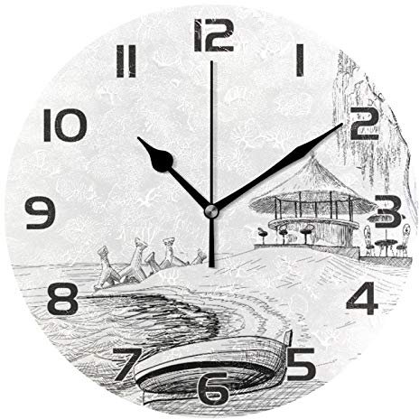 QQIAEJIA Pavilion Sketch Round Wall Clock Silent Non Ticking Battery Operated Decorative for Kitchen Living Room Bedroom Office