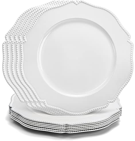 Foraineam 12 Pack White Charger Plates with Beaded Rim, 13 Inch Round Plastic Dinner Chargers, Scalloped Serving Plates for Table Settings Wedding Party Catering Event Decoration