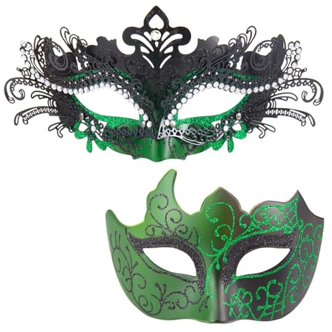 MYSEUNI Grüne Maskerade-Maske für Paare – glänzende Strass-Damen-Maske & venezianische Herren-Maske für Halloween, Karneval, Weihnachten, Karneval, Hochzeit, Heimdekoration