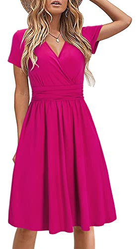 STYLEWORD Women's Summer Dress Short Sleeve V-Neck Sundress Rose Wrap Waist Casual Dress with Pockets(Rose,Medium)