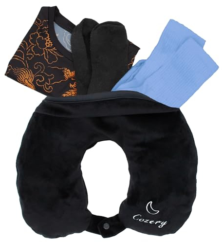 Cozery Reise Nackenkissen - Flugzeug Reisekissen befüllbar mit Kleidung - Waschbares Flug Kissen, Nackenhörnchen - Travel Neck Pillow - Handgepäck sparen, passend für 2 Tage Reisezubehör (Schwarz)