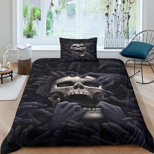 MEFESE Schädel 2-Piece Bed Linen,Gotisches Tattoo Duvet Cover Set with Pillowcases,Bed Linen Sets,Made of Microfibre with Zip,Soft and Hypoallergener Für Kinder Teenager ErwachseneSingle（135x200cm）