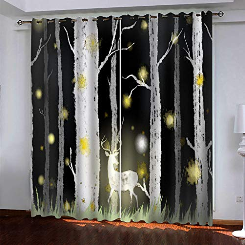 Blickdichte Vorhänge Mit Motiv 3D Weiße Birke Wald Rehkitz Kinder Gardinen Blickdicht Ösen Gardine Thermo 264x214 cm Schlafzimmer Kinderzimmer Vorhänge Dekoratives Muster, Verdunklungsvorhänge