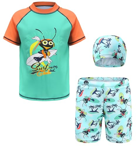 Chicos 3 Pieza Niños Traje de baño Impreso Hormiga Capuchas con Protección UV Niños Swim Shorts Piscina Surf Sport Verde 5XL
