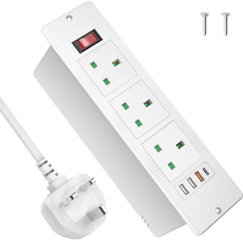 Recessed Power Strip with USB C PD20W, Desk Power Socket Extension Lead with Switch, Power Strip with 3 Outlets 3 USB for Furniture Kitchen Worktops, 2M Cable, White