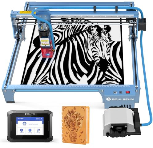 SCULPFUN 10 W lasergravyrmaskin med 30 l/min luftstöder CNC, gör-det-själv lasergraverare och laserskärare, gränsvärde med hög precision linjär glidskena i industriell kvalitet X-axel med