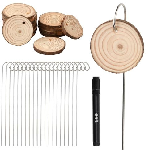 Dokeno 20er Set Pflanzenschilder Zum Beschriften, Runde Holz-Pflanzenschilder 4-5cm Durchmesser mit Haken und Markerstift Wetterfest Pflanzenstecker Beschriftungsschilder für Gemüse, Kräuter, Blumen